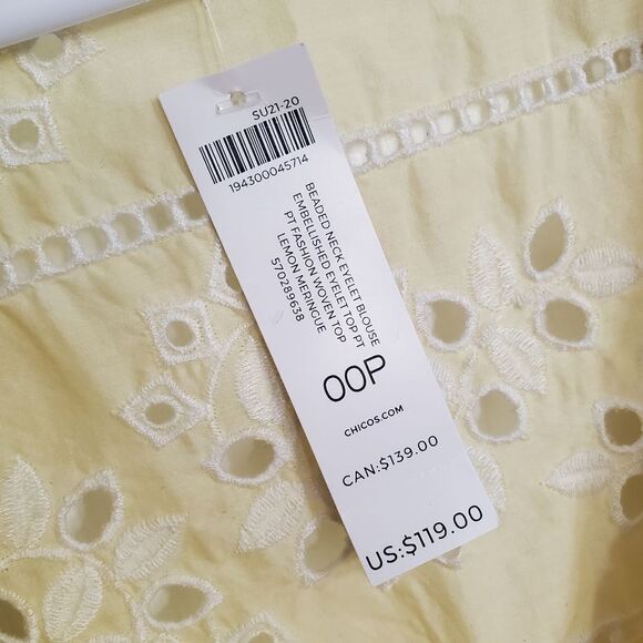 CHICOS Embroidered Light Yellow Blouse New with Tags - Picture 3 of 7